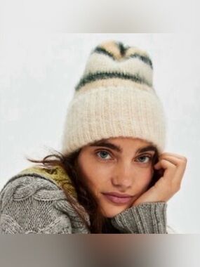 New Free People The Groove Striped Knit Beanie in Cream, Black & Yellow